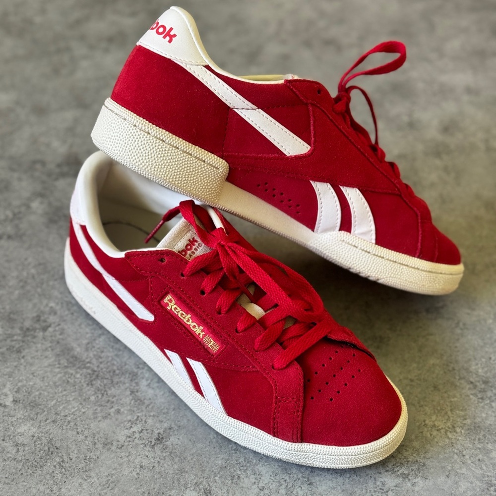 Reebok Red Suede Low-Top Sneakers with White Stripes- Women’s